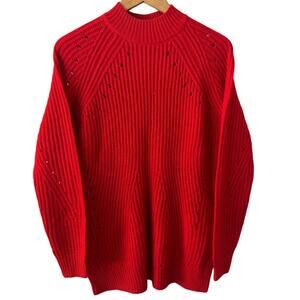 Vero Moda Sweater Women XS Red Knit Holiday Mock Neck Eyelet Oversized Minimal